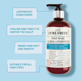 Curlsmith Post-Wash Calming Conditioner ingredients visual; hyaluronic acid boosts moisture.