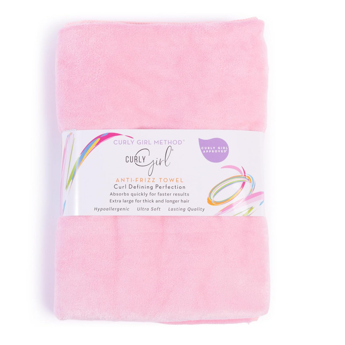 Curly Girl towel absorbs water quickly with plush microfiber for faster curl drying.