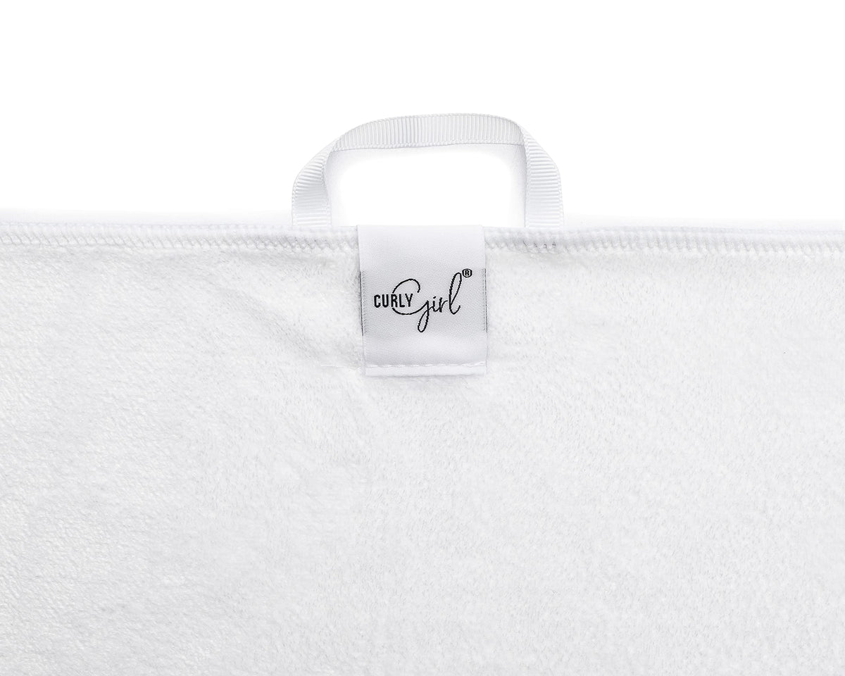 Curly Girl towel closeup; microfiber texture supports fast drying and gentle care.