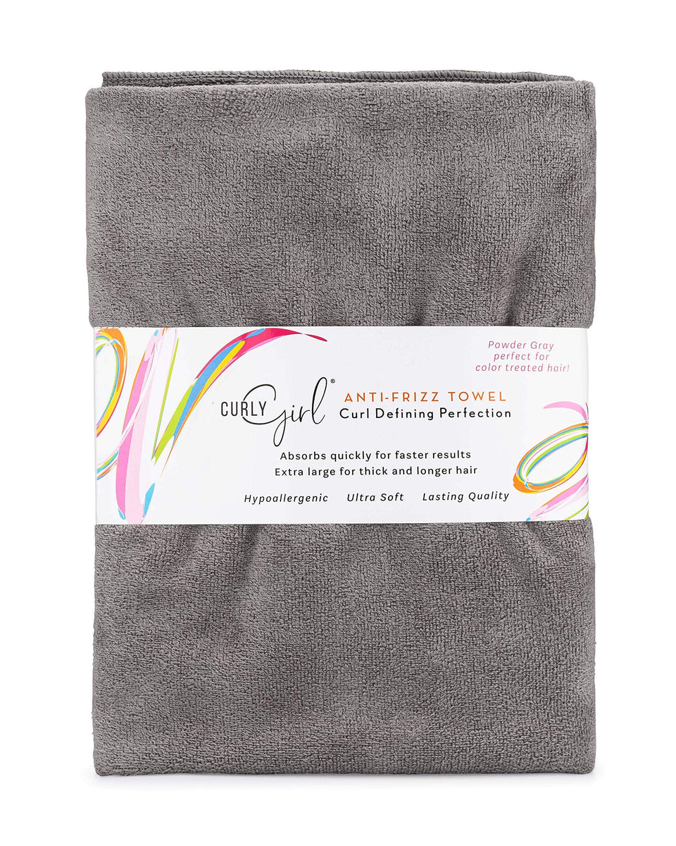 Curly Girl towel curly hair wrap demonstrates gentle, quick-dry protection for curls.