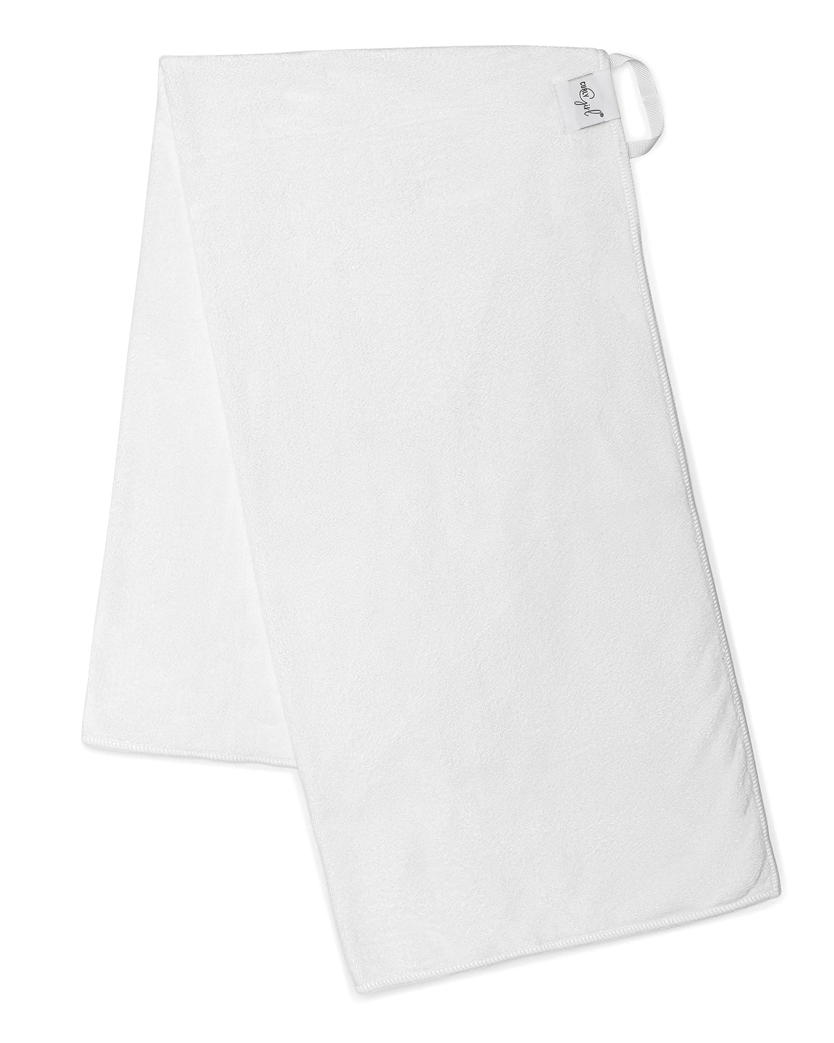 Curly Girl towel draped over shoulders; oversized design for easy wrap.