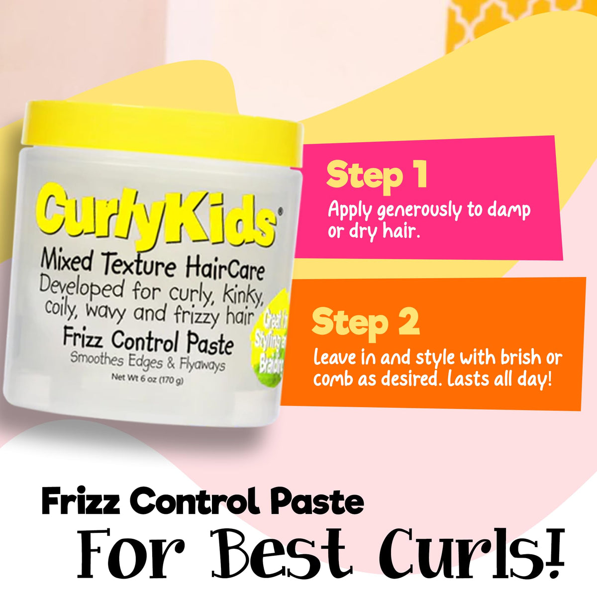CurlyKids Frizz Control Paste 6oz packaging keeps family styling ready.