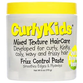 CurlyKids Frizz Control Paste bottle shows packaging ideal for quick frizz control on kids' hair.