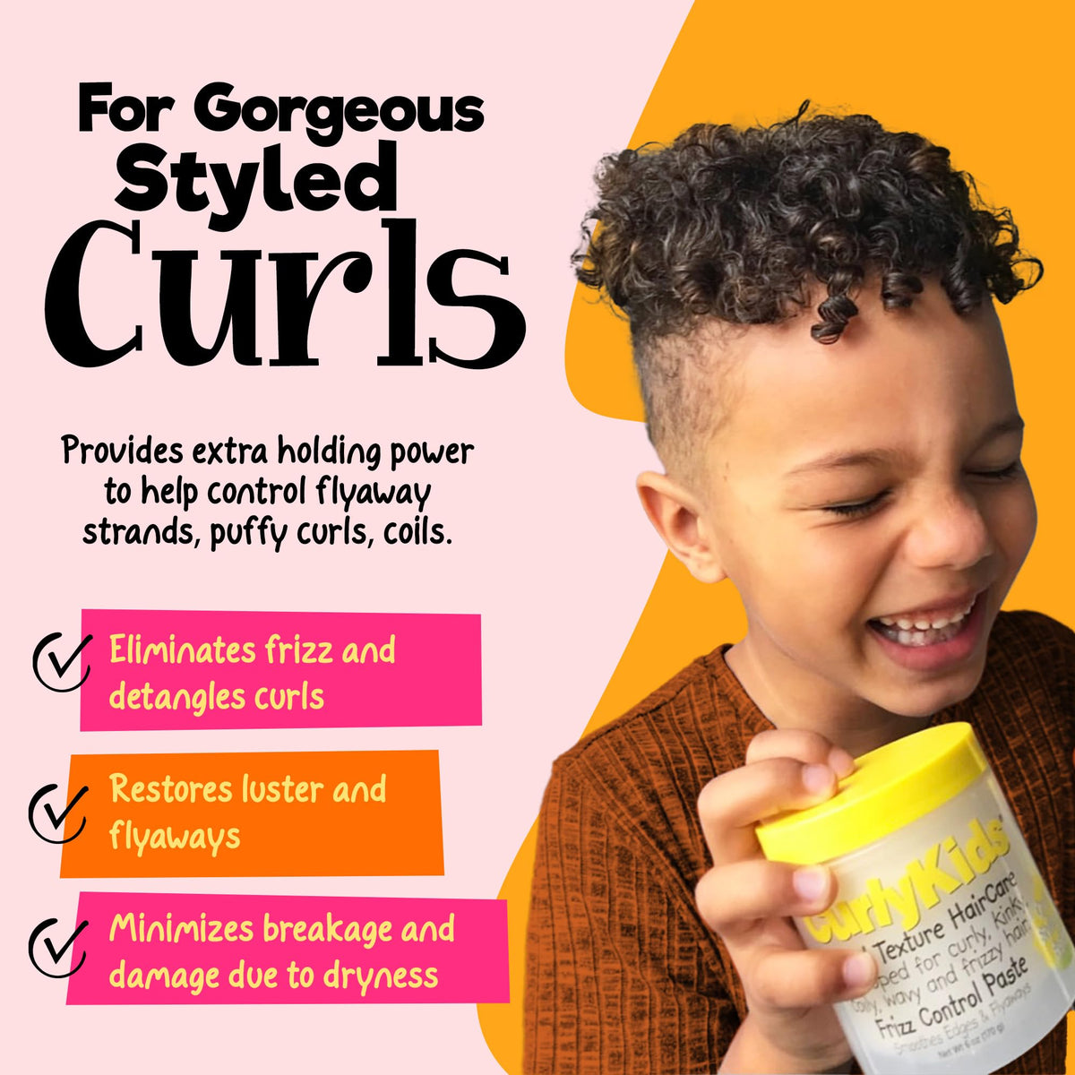 CurlyKids Frizz Control Paste edge smoothing on curls helps define styles without stiffness.