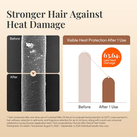CURLYSHYLL Silky Oil Serum close up highlights frizz reduction and shine.