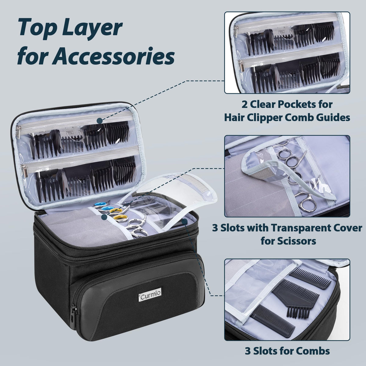CURMIO two-layer design main compartment helps organize grooming gear.