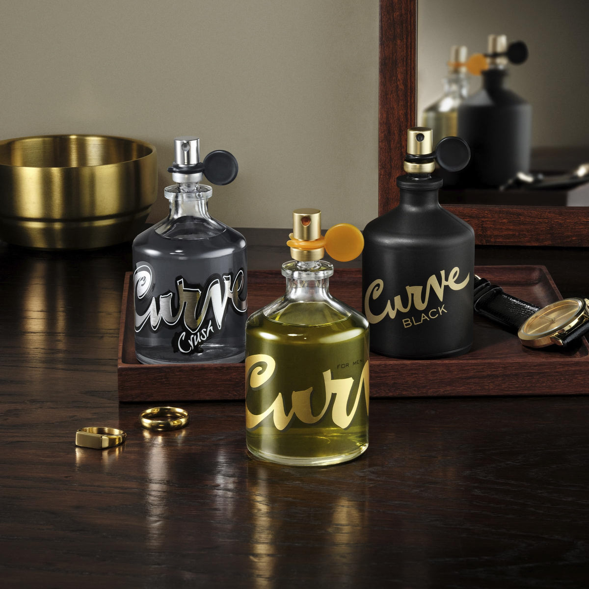 Curve for Men aftershave bottle suggests a coordinated grooming routine.