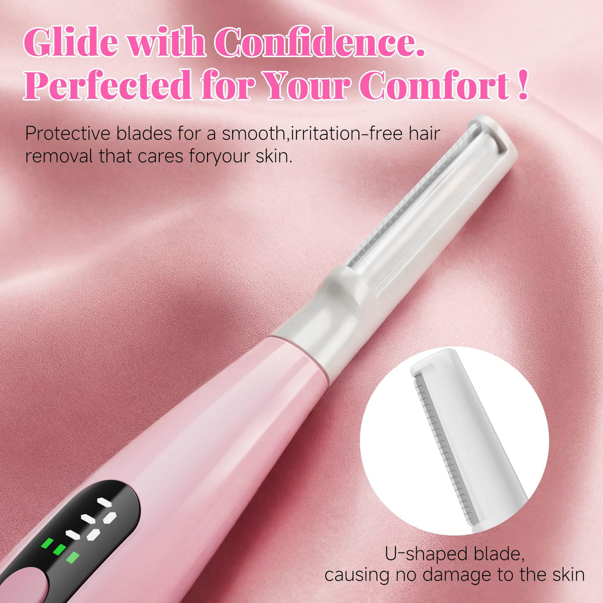 Cutemiss dermaplane in use on cheek to remove peach fuzz