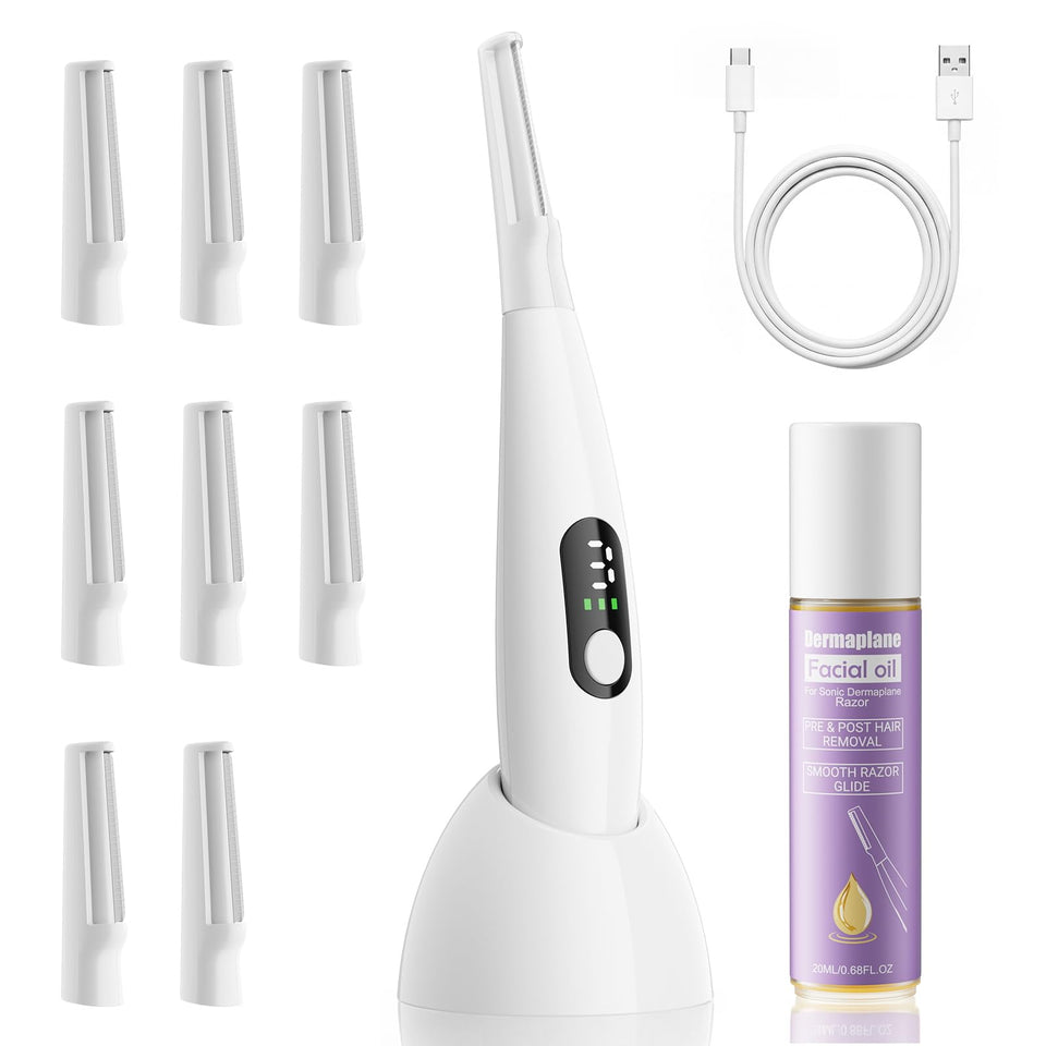 Cutemiss Sonic Dermaplane Razor used on the cheek to remove peach fuzz and smooth the skin for makeup.