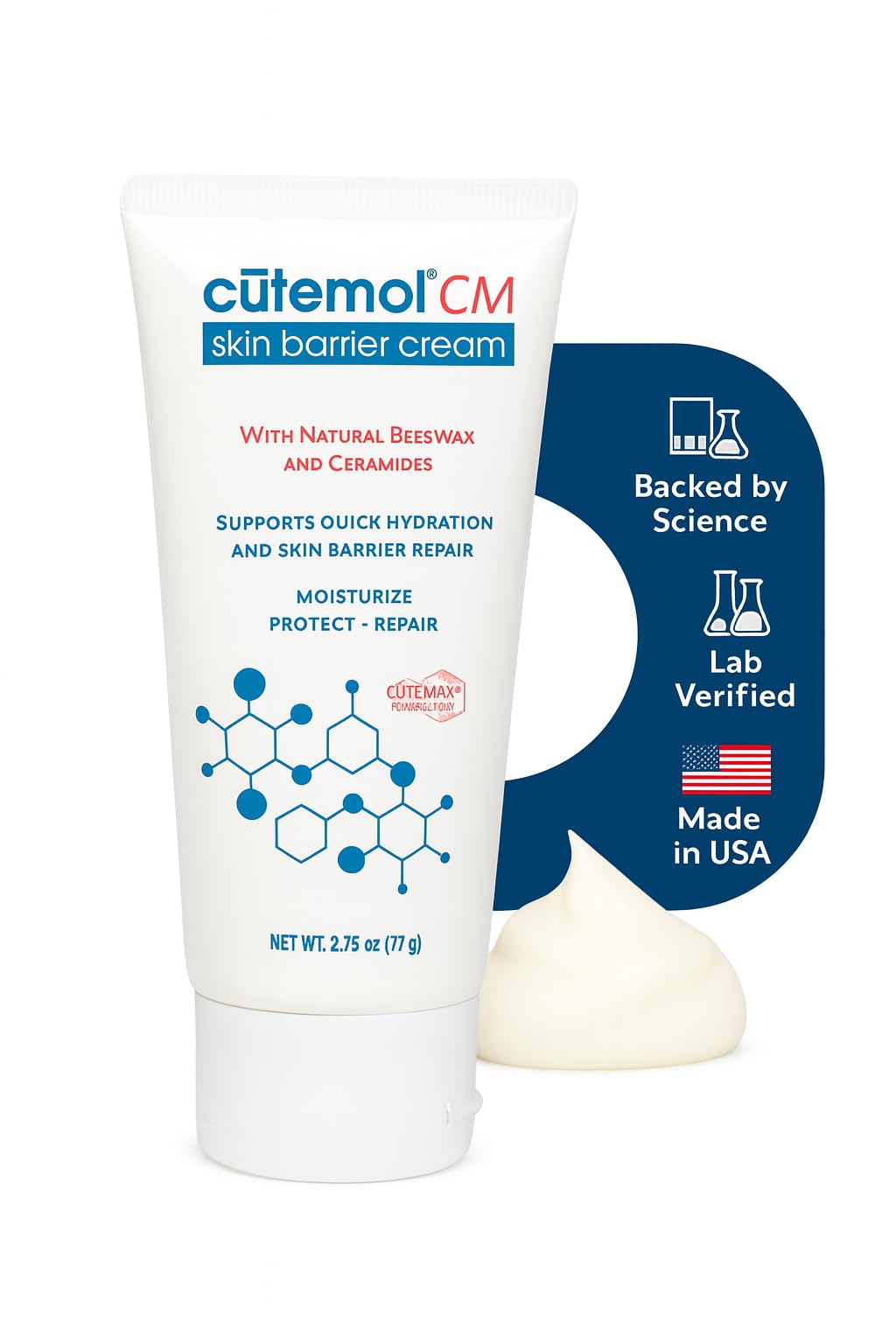 Cutemol CM Emollient Cream jar demonstrates rich hydration and barrier-supporting properties.