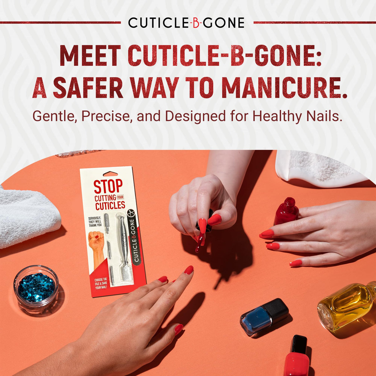 Cuticle-B-Gone ergonomic handle supports steady grooming during sessions.