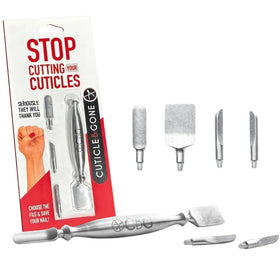 Cuticle-B-Gone with four attachments for precise at-home nail care.