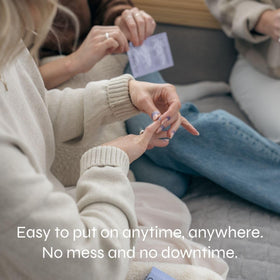 Open pouch reveals ready-to-use patches for on-the-go self-care.