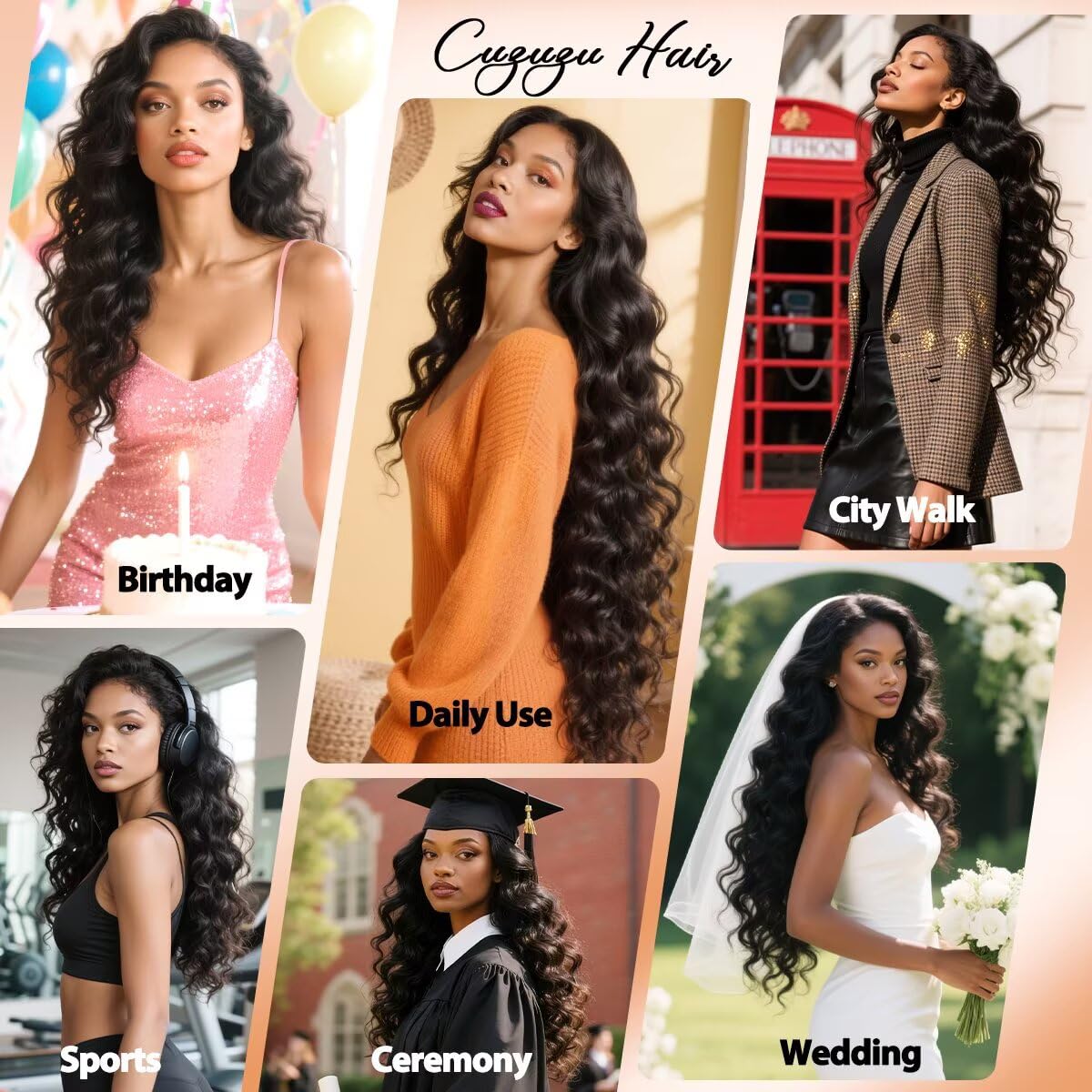 Cuzuzu Body Wave Bundles full-head installation in 3–4 bundles.