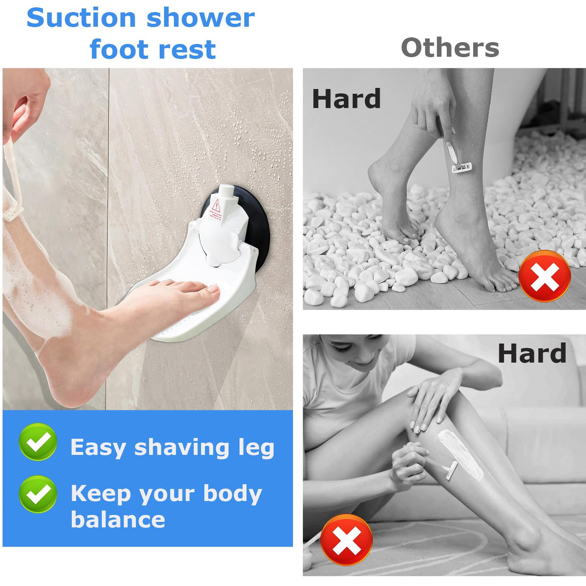 CWD&SQH foot rest in use during leg shaving in the shower.