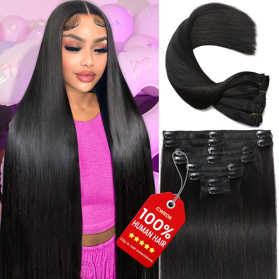 CWRDK clip-in extensions in 1B natural black packaging showcase a quick-volume solution.