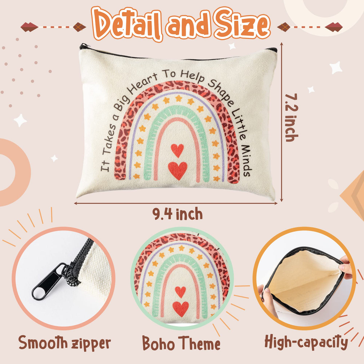 CY2SIDE boho rainbow makeup bag close-up highlights durable canvas and portable storage.