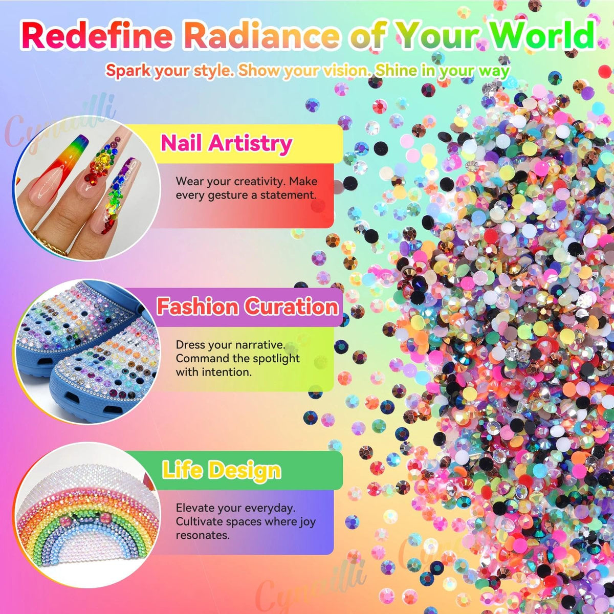 Cynailli rhinestones ideal for nail art and makeup accents.