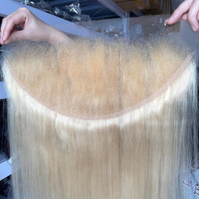 CYSDRH Honey Blonde frontal lace closeup shows ultra-thin 0.1mm lace for a seamless fit.