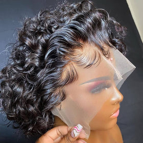 Czrleaty short curly wig with pixie cut showing natural hairline for versatile styling.