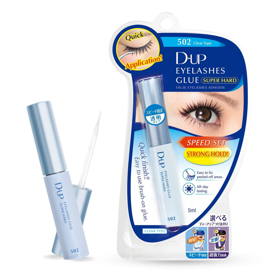 D-UP 502 clear lash glue bottle showing the precise, high-strength adhesive for secure lashes.