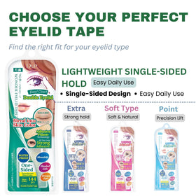 D-UP eyelid tape skin-toned finish blends with eyelids for seamless makeup.