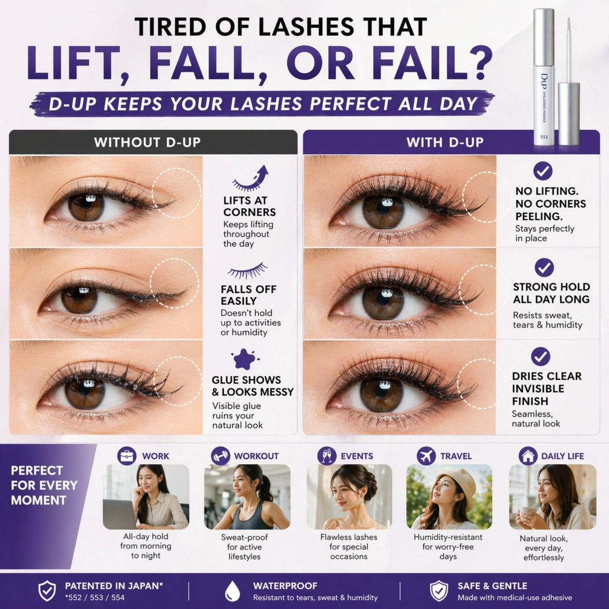 D-UP quick-dry formula illustrated for fast setting during busy mornings.
