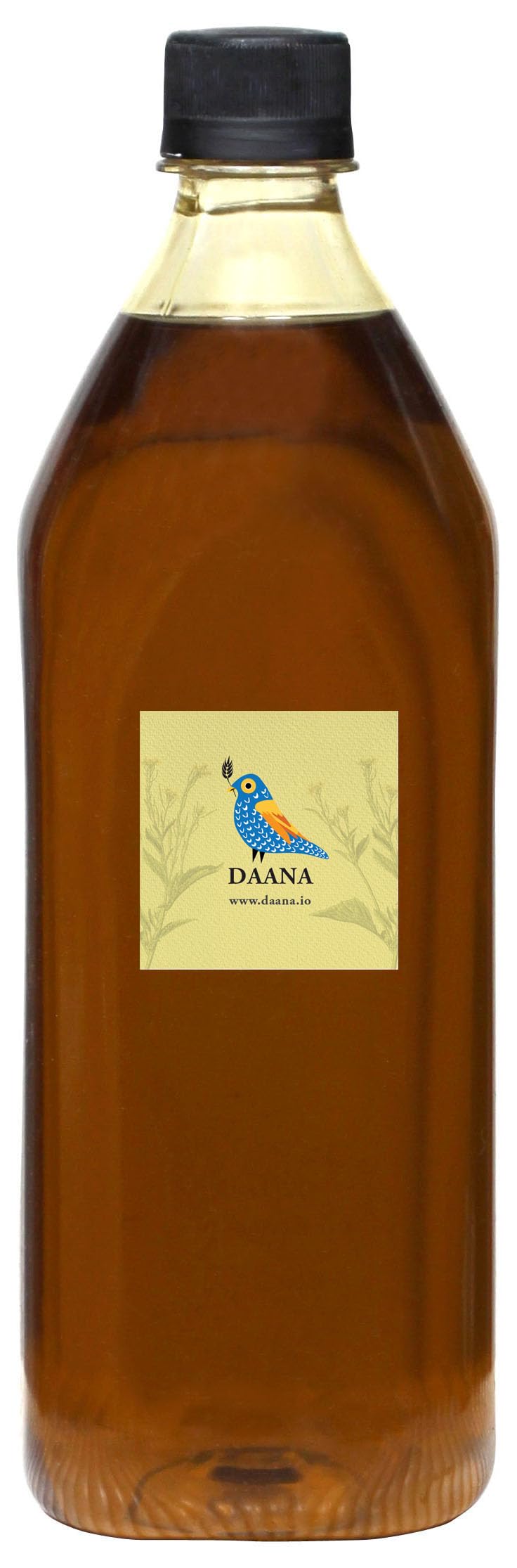 DAANA mustard oil pouring from glass bottle showcases rich texture for skin care.