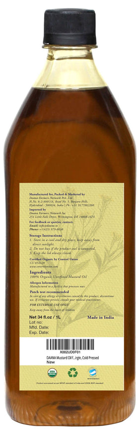 DAANA mustard oil raw unrefined label close-up highlighting organic cold-pressed quality.