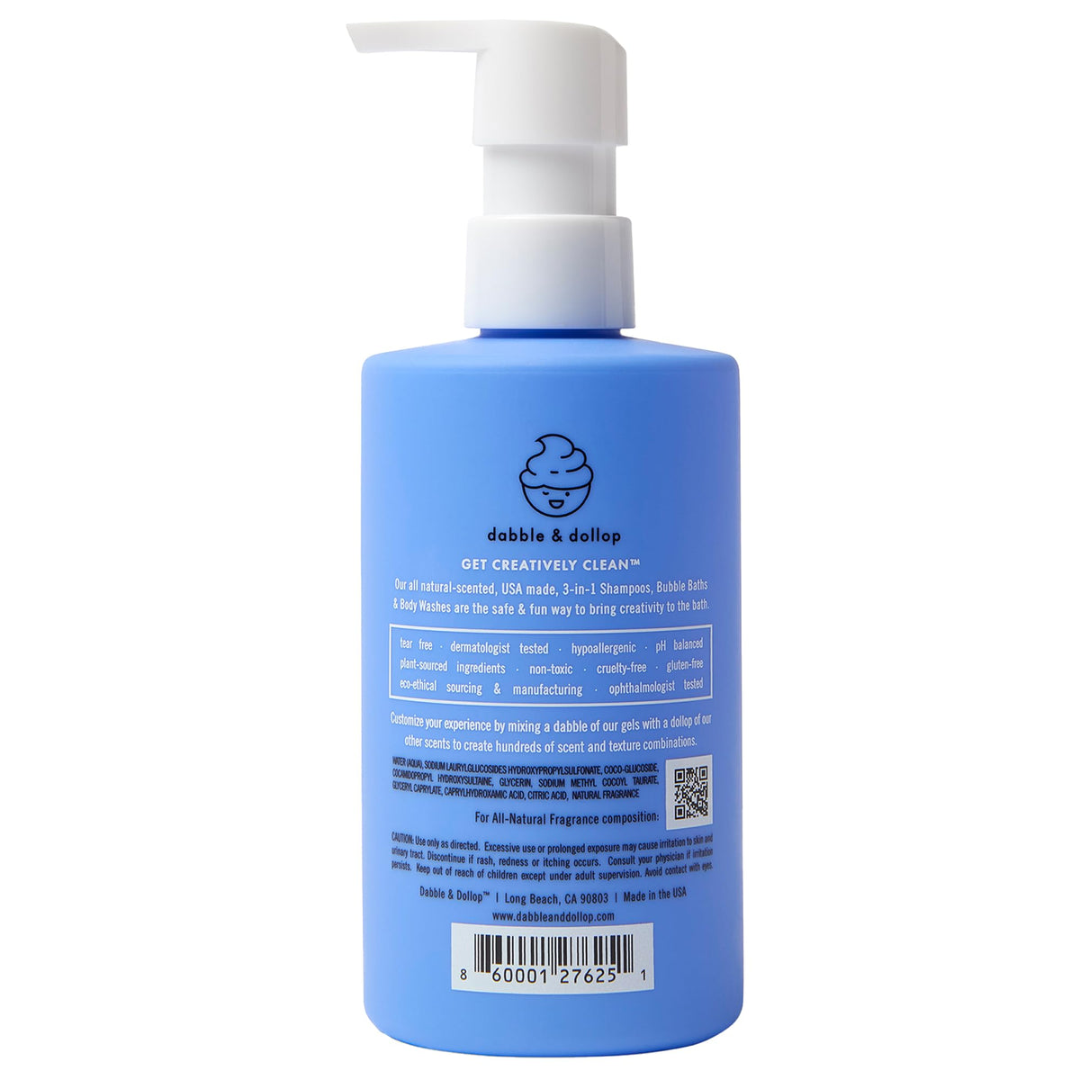 Dabble & Dollop Blueberry Kids 3-in-1 label detail with product name and benefits.