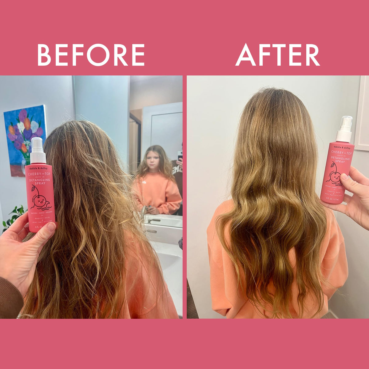 Bath-time routine image featuring Cherry on Top detangler smoothing wet hair.