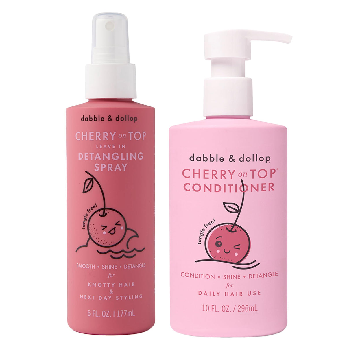 Dabble & Dollop Cherry on Top leave-in detangler spray eases bath-time tangles.