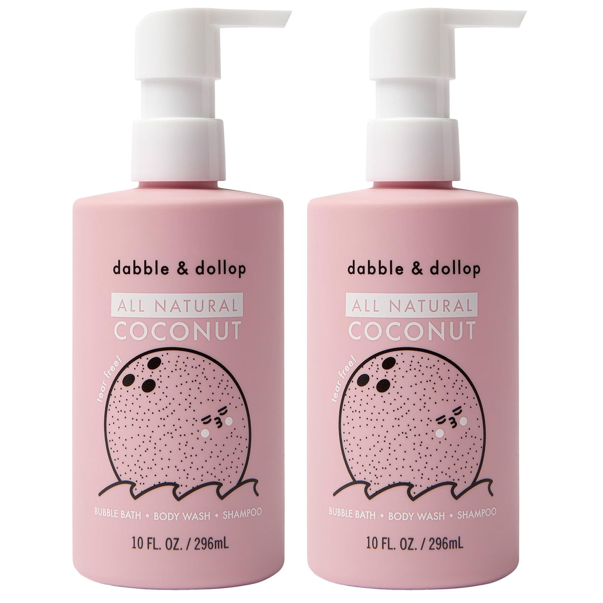 Dabble & Dollop Coconut Kids 3-in-1 bottle front shows gentle, tear-free cleansing for delicate skin
