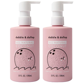 Dabble & Dollop Coconut Kids 3-in-1 bottle front shows gentle, tear-free cleansing for delicate skin