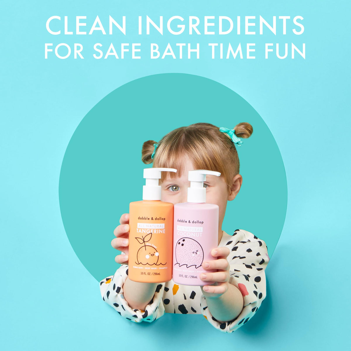 Dabble & Dollop Coconut Kids 3-in-1 bubbles close-up emphasizes long-lasting bath foam