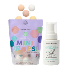 Dabble & Dollop mini bath bombs in vanilla pack for gentle, kid-friendly play.