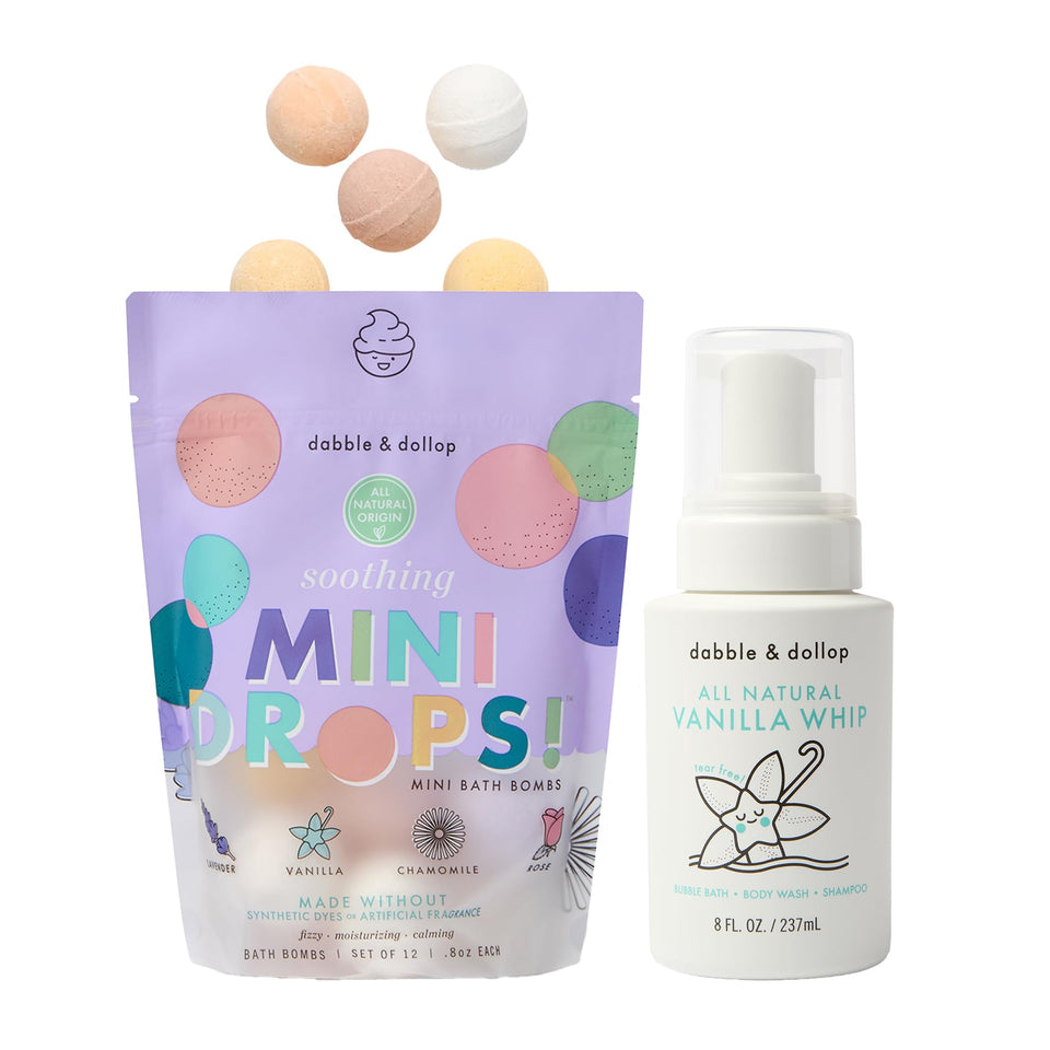Dabble & Dollop mini bath bombs in vanilla pack for gentle, kid-friendly play.