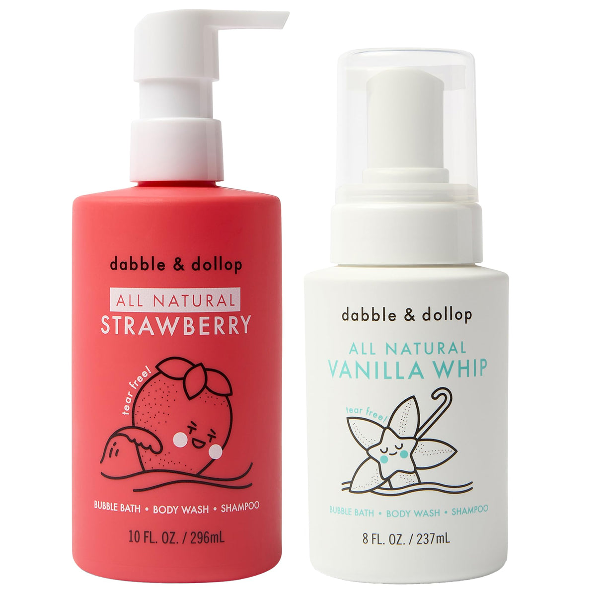 Dabble & Dollop gel bottle with strawberry-vanilla scent for gentle cleansing.