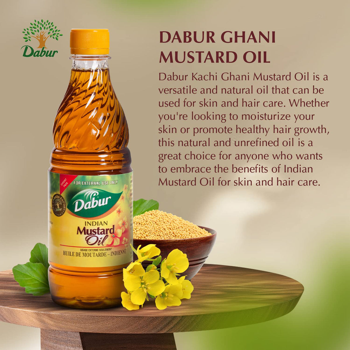 Dabur Kachi Ghani Mustard Oil applied to hair for nourishment.