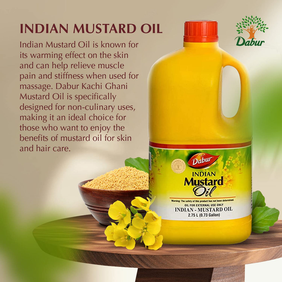Dabur Kachi Ghani Mustard Oil pour highlights a rich oil for massage
