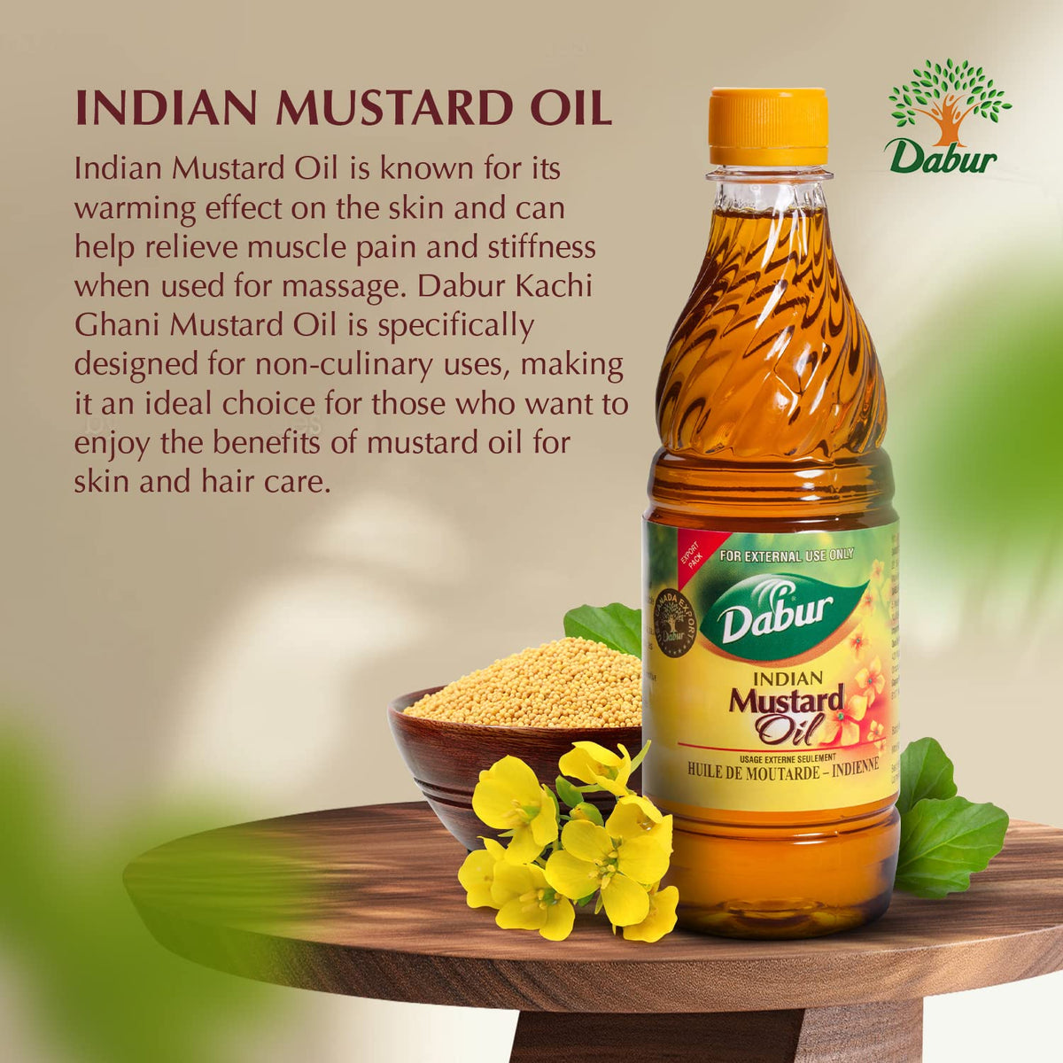 Dabur Kachi Ghani Mustard Oil being poured, ideal for massage.