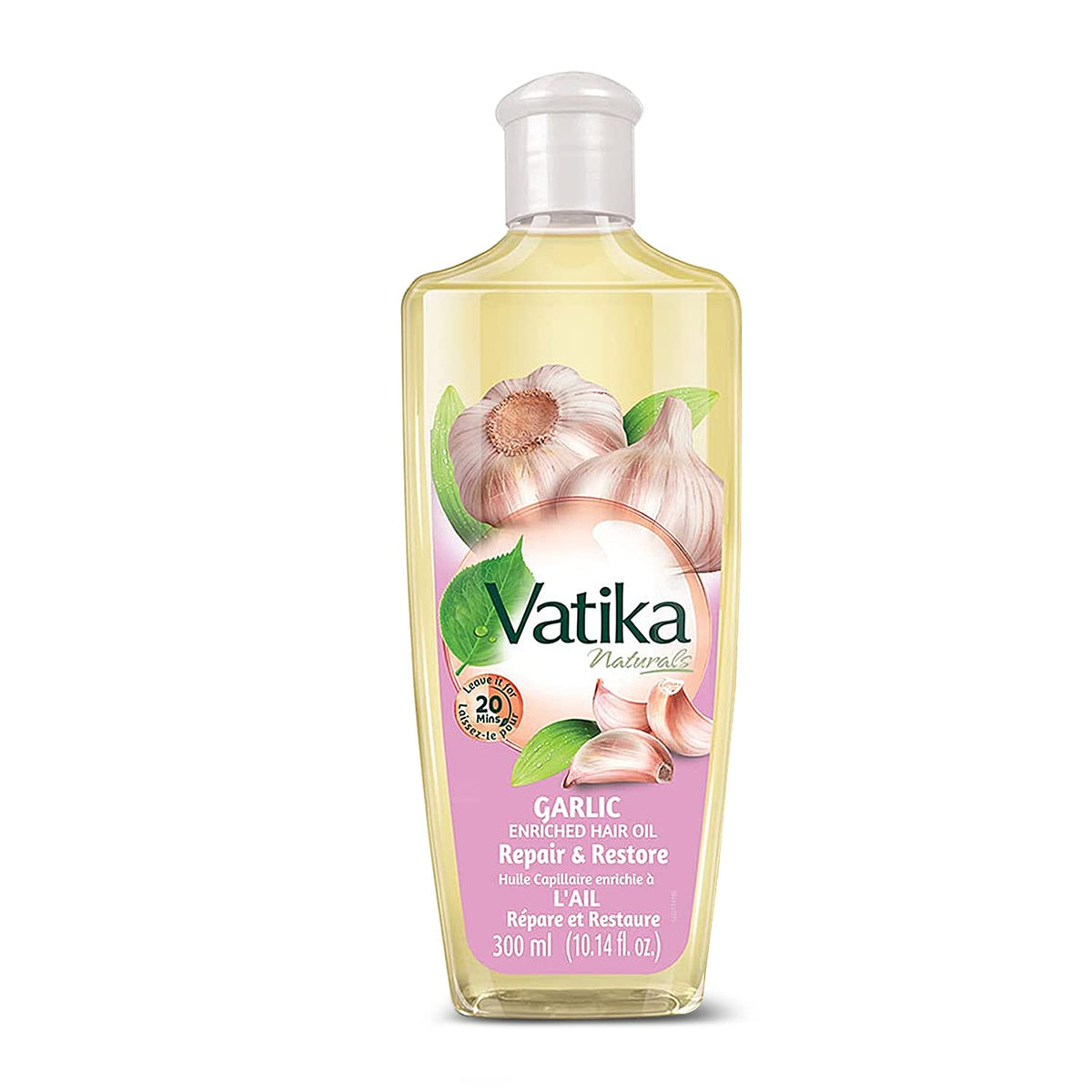 Dabur Vatika Naturals Enriched Hair Oil bottle with garlic infusion for nourishing scalp.