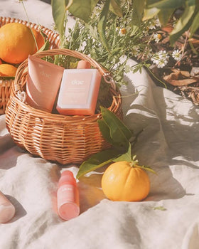 DAE Freshly Squeezed Wash Set lifestyle shot in bathroom suggests daily ritual
