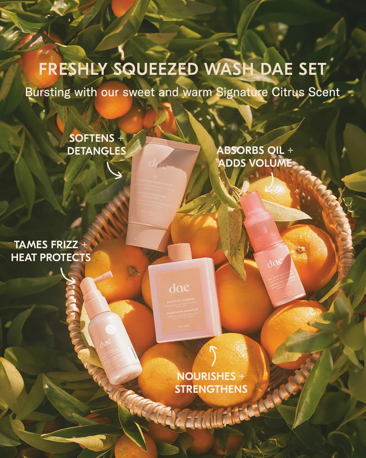 DAE Freshly Squeezed Wash Set bottles closeup highlights clear containers for everyday use