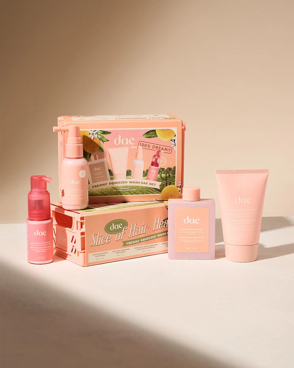 DAE Freshly Squeezed Wash Set packaging shows vibrant citrus-inspired design for a fresh routine