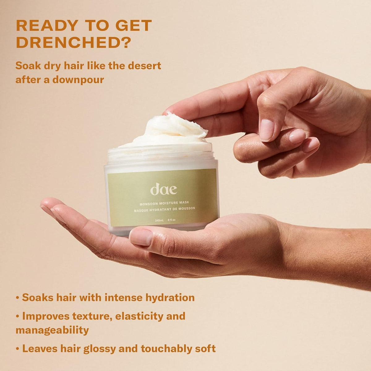 DAE Monsoon Moisture Mask on hair to reveal a glossy, silky look.