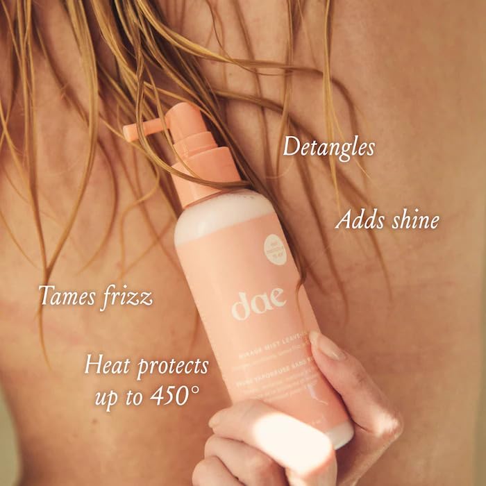 DAE Mirage Mist leave-in bottle detangles and protects hair from heat up to 450F.