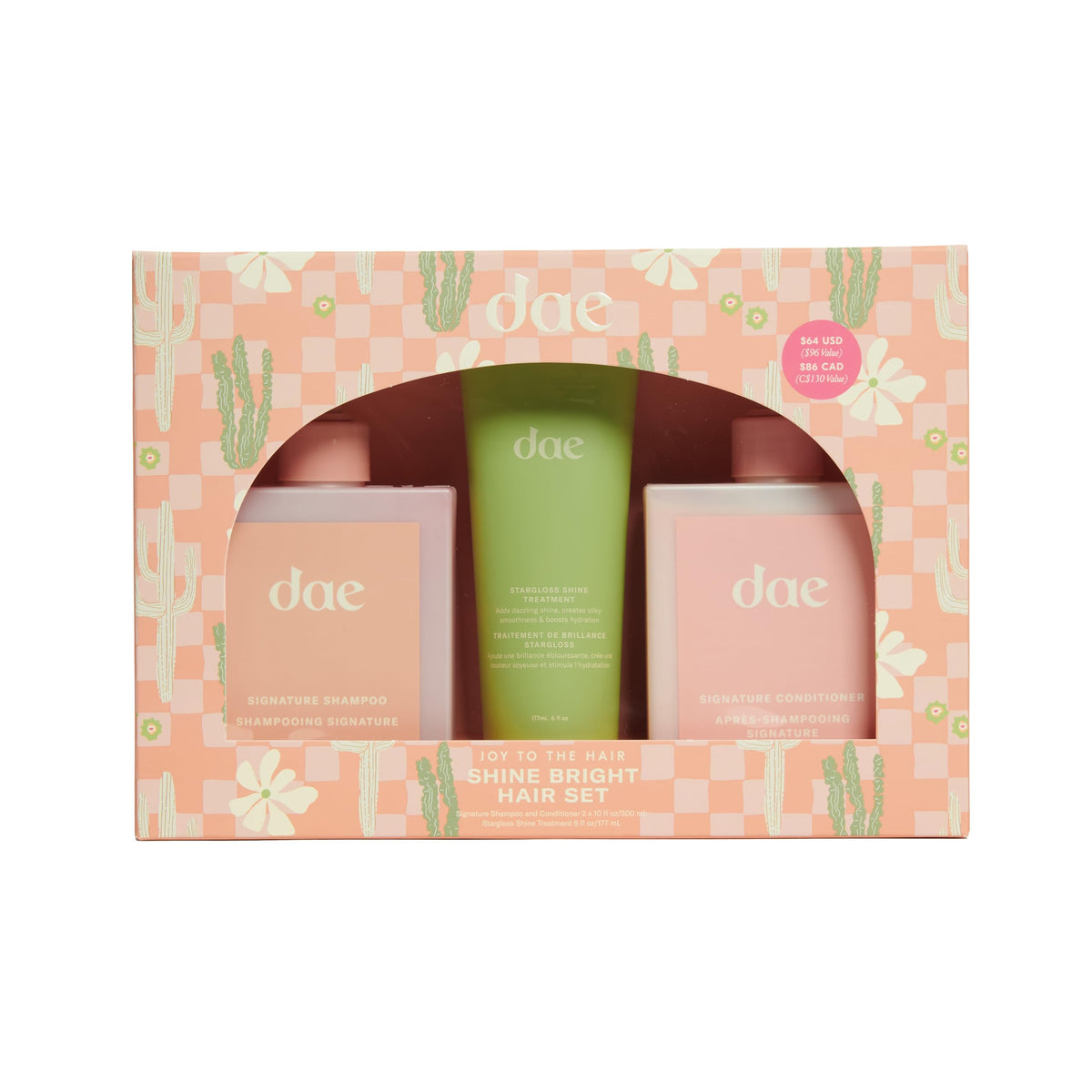 DAE Shine Bright Signature Shampoo bottle highlighting radiant shine for all hair types.