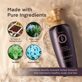 Daeng Gi Meo Ri Ki Gold Premium Shampoo scene suggesting refreshing scalp ritual