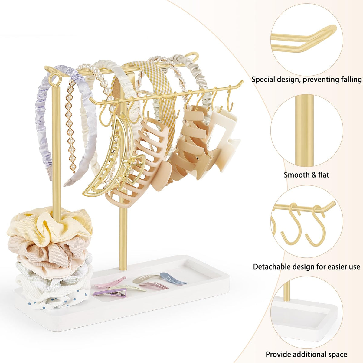 Dahey headband holder upward-curved hooks keep scrunchies securely in place.